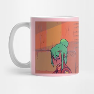 Cyberpunk green haired girl with a rustic orange background Mug